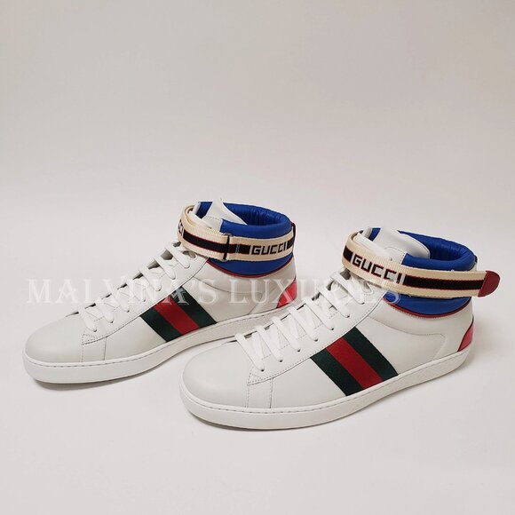 GUCCI SNEAKERS MENS ACE LOGO STRIPE WEB SNAKE BACK HITOP SHOES 6.5G / US 7 - Picture 3 of 13